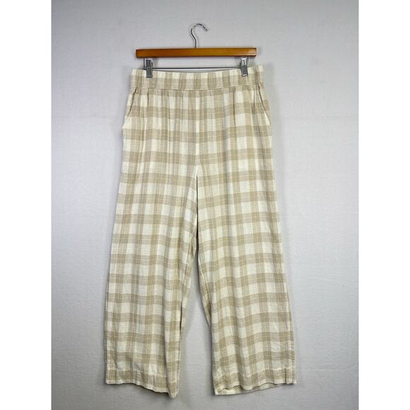 Isaac Mizrahi Woman's Linen Blend Beige Plaid Wide Leg Pants - Size Medium - Picture 1 of 9